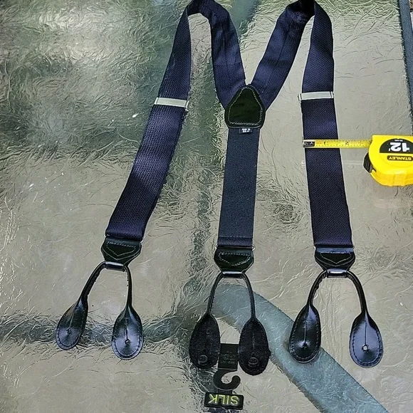 Tuxedo Black Satin Silk Genue Leather Adjustable Suspenders Made In England New - Picture 17 of 17